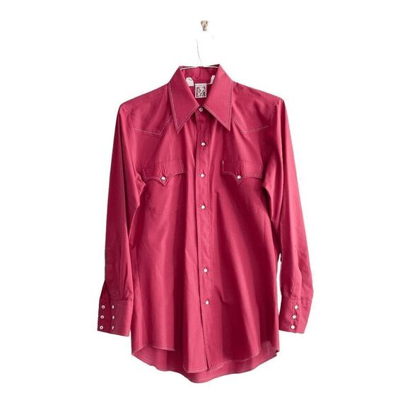 Vintage Karman Mens Pearl Snap Button Western Shirt Burgundy Red Size 15.5-33 - Picture 1 of 10